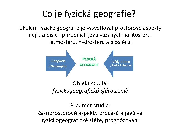 Co je fyzická geografie? Úkolem fyzické geografie je vysvětlovat prostorové aspekty nejrůznějších přírodních jevů