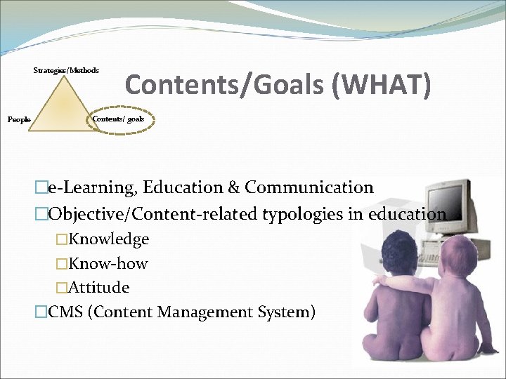 Strategies/Methods People Contents/Goals (WHAT) Contents/ goals �e-Learning, Education & Communication �Objective/Content-related typologies in education