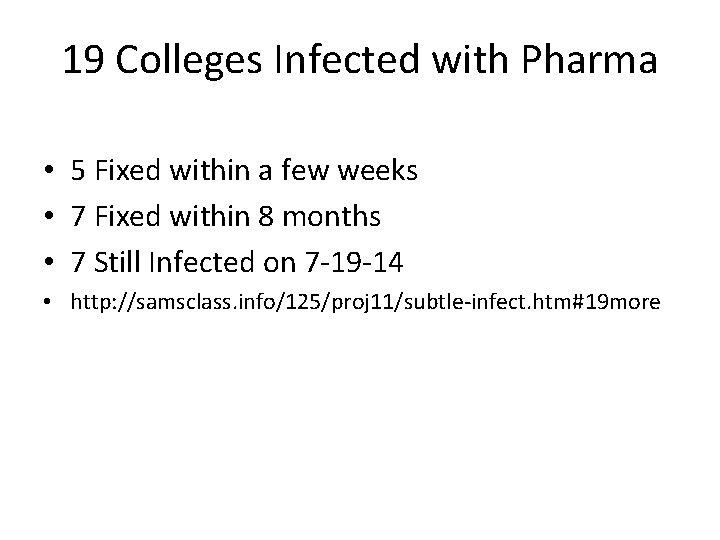 19 Colleges Infected with Pharma • 5 Fixed within a few weeks • 7