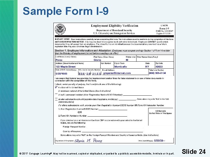 Sample Form I-9 © 2017 Cengage Learning®. May not be scanned, copied or duplicated,