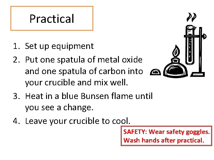 Practical 1. Set up equipment 2. Put one spatula of metal oxide and one