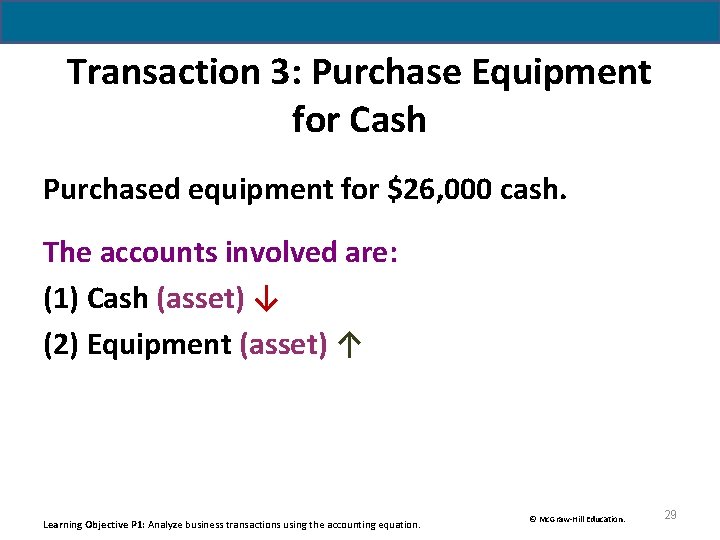 Transaction 3: Purchase Equipment for Cash Purchased equipment for $26, 000 cash. The accounts Transaction 3: Purchase Equipment for Cash Purchased equipment for $26, 000 cash. The accounts
