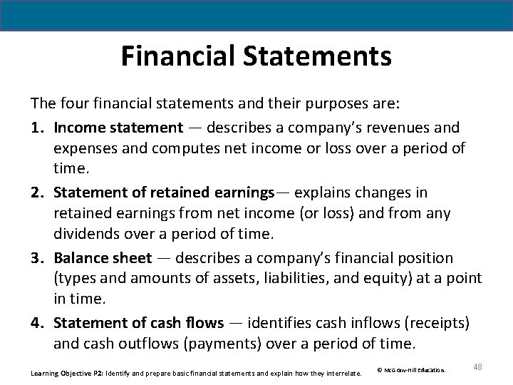 Financial Statements The four financial statements and their purposes are: 1. Income statement — Financial Statements The four financial statements and their purposes are: 1. Income statement —