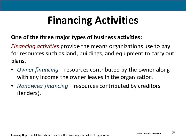 Financing Activities One of the three major types of business activities: Financing activities provide Financing Activities One of the three major types of business activities: Financing activities provide