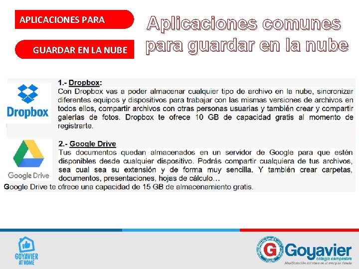 APLICACIONES PARA GUARDAR EN LA NUBE Aplicaciones comunes para guardar en la nube 