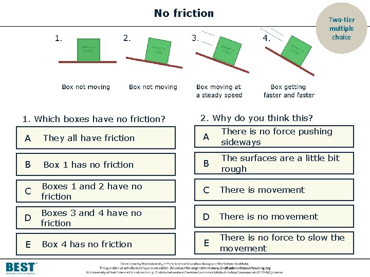 No friction Two-tier multiple choice 1. Which boxes have no friction? 2. Why do