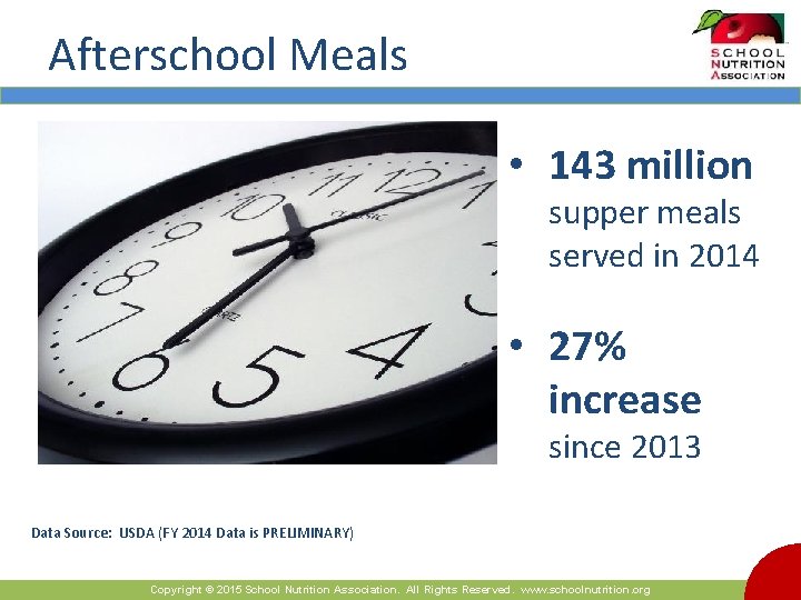 Afterschool Meals • 143 million supper meals served in 2014 • 27% increase since