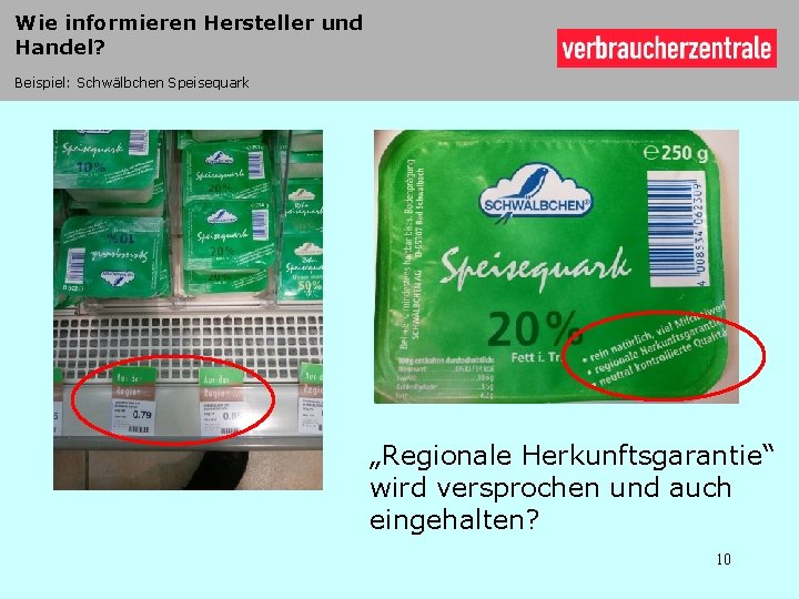 Wie informieren Hersteller und Handel? Beispiel: Schwälbchen Speisequark „Regionale Herkunftsgarantie“ wird versprochen und auch