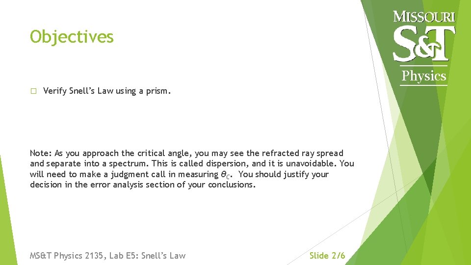 Objectives Physics � Verify Snell’s Law using a prism. Note: As you approach the
