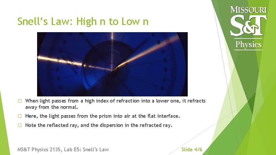 Snell’s Law: High n to Low n Physics � When light passes from a