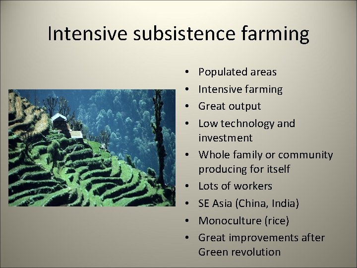 Intensive subsistence farming • • • Populated areas Intensive farming Great output Low technology