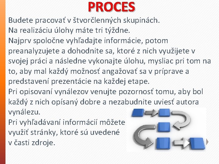 PROCES Budete pracovať v štvorčlenných skupinách. Na realizáciu úlohy máte tri týždne. Najprv spoločne