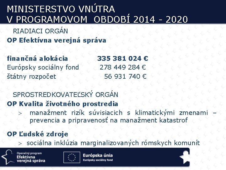 MINISTERSTVO VNÚTRA V PROGRAMOVOM OBDOBÍ 2014 - 2020 RIADIACI ORGÁN OP Efektívna verejná správa