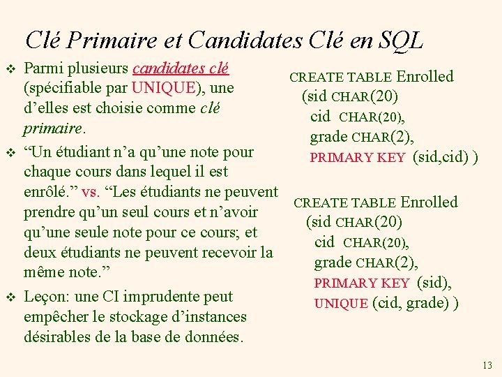 Clé Primaire et Candidates Clé en SQL v v v Parmi plusieurs candidates clé