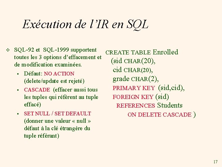 Exécution de l’IR en SQL v SQL-92 et SQL-1999 supportent CREATE TABLE Enrolled toutes