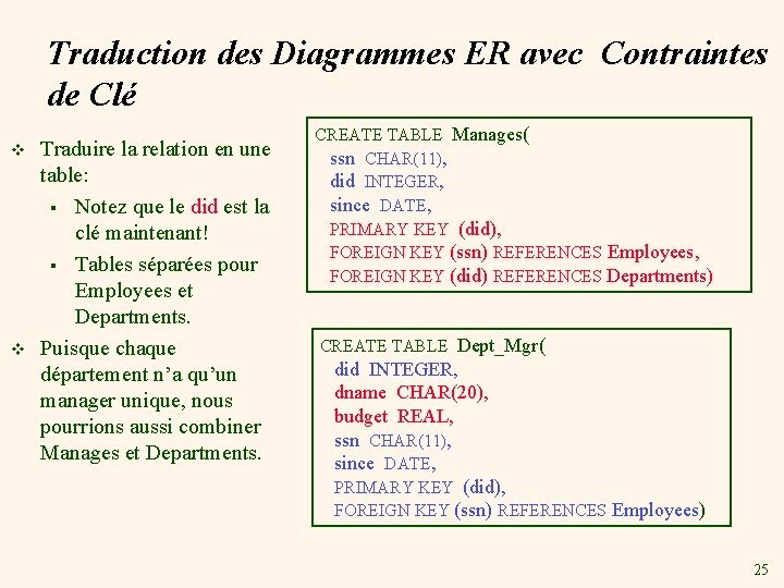 Traduction des Diagrammes ER avec Contraintes de Clé v v Traduire la relation en