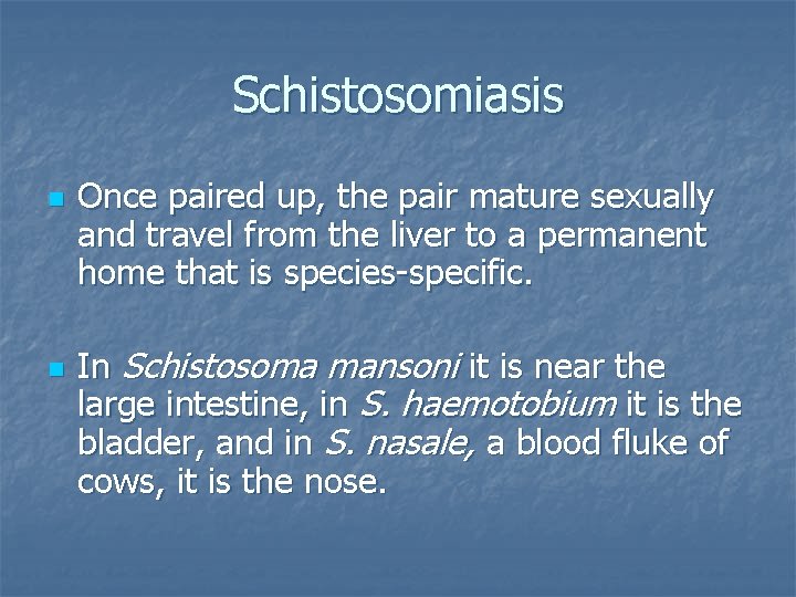 Schistosomiasis n n Once paired up, the pair mature sexually and travel from the