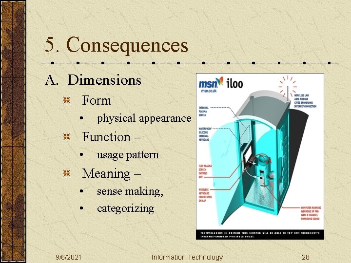 5. Consequences A. Dimensions Form • physical appearance Function – • usage pattern Meaning
