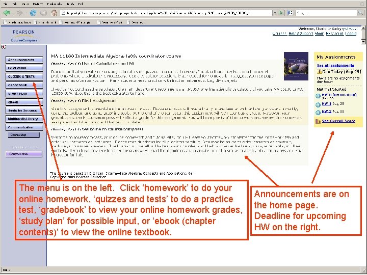 The menu is on the left. Click ‘homework’ to do your online homework, ‘quizzes