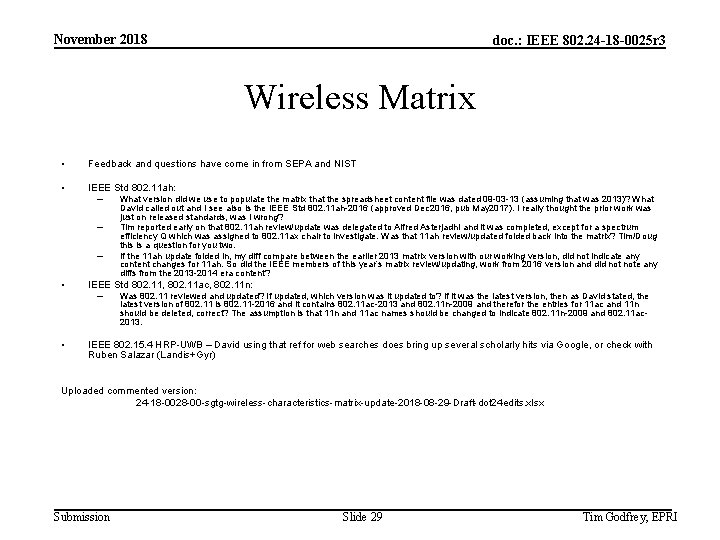 November 2018 doc. : IEEE 802. 24 -18 -0025 r 3 Wireless Matrix •
