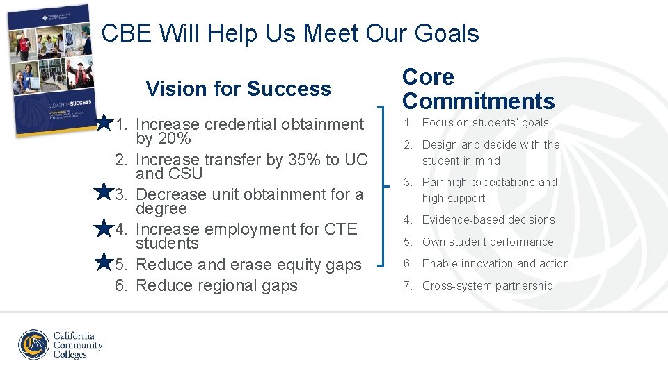 CBE Will Help Us Meet Our Goals Vision for Success 1. Increase credential obtainment