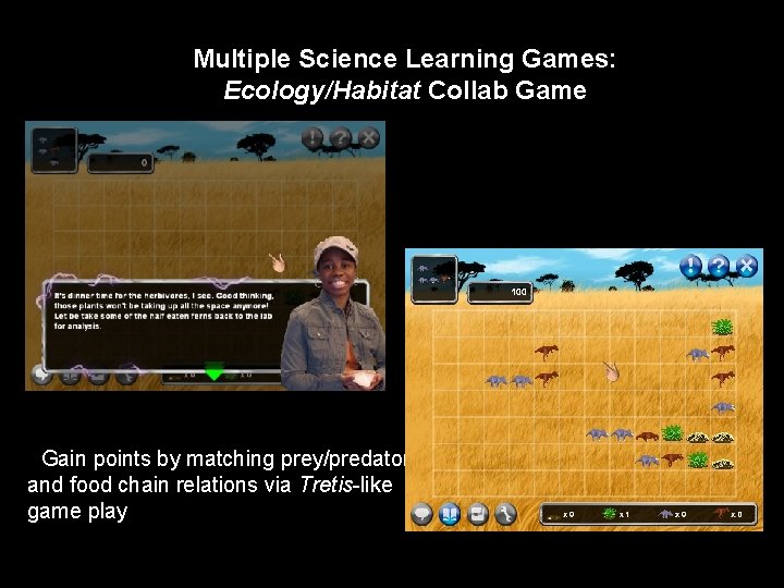 Multiple Science Learning Games: Ecology/Habitat Collab Game • Gain points by matching prey/predator and