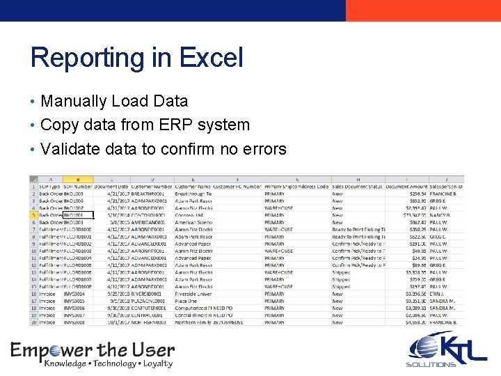 Reporting in Excel • Manually Load Data • Copy data from ERP system • Reporting in Excel • Manually Load Data • Copy data from ERP system •