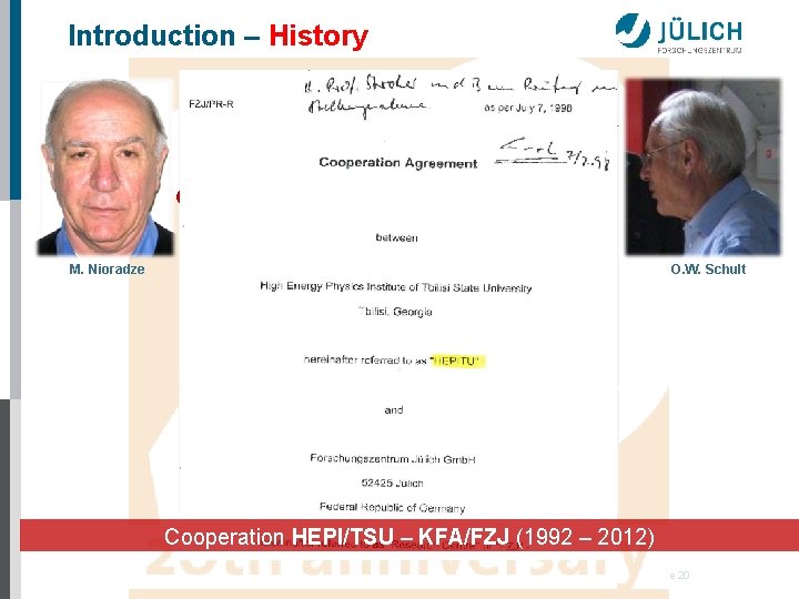 Introduction – History O. W. Schult M. Nioradze Cooperation HEPI/TSU – KFA/FZJ (1992 –