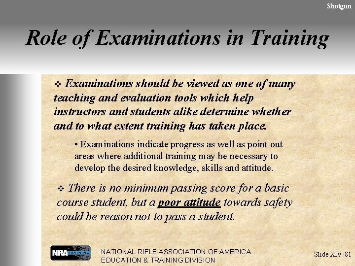Shotgun Role of Examinations in Training Examinations should be viewed as one of many