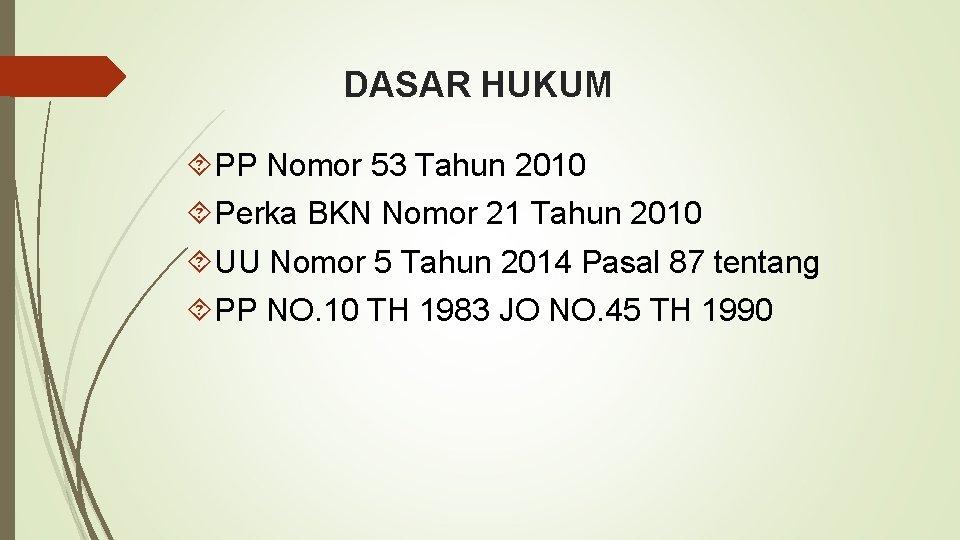 DASAR HUKUM PP Nomor 53 Tahun 2010 Perka BKN Nomor 21 Tahun 2010 UU