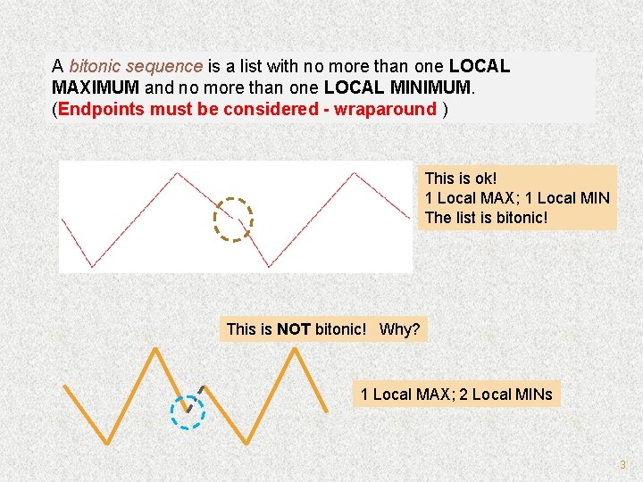 A bitonic sequence is a list with no more than one LOCAL MAXIMUM and A bitonic sequence is a list with no more than one LOCAL MAXIMUM and
