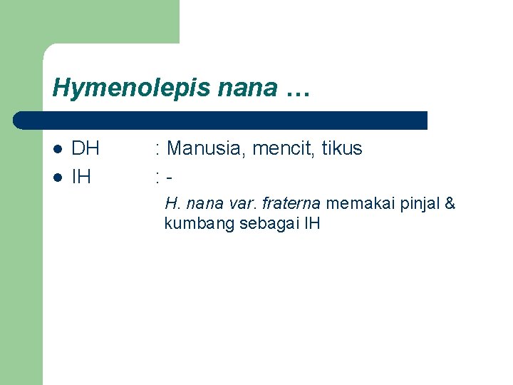 Hymenolepis nana … l l DH IH : Manusia, mencit, tikus : H. nana