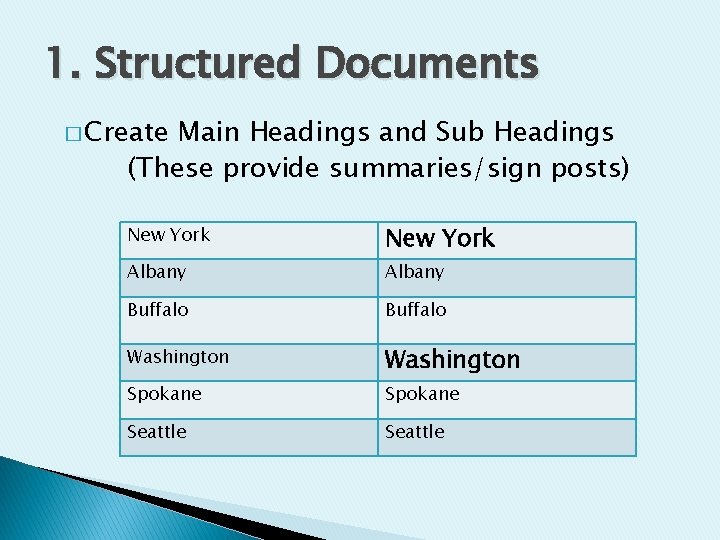 1. Structured Documents � Create Main Headings and Sub Headings (These provide summaries/sign posts)