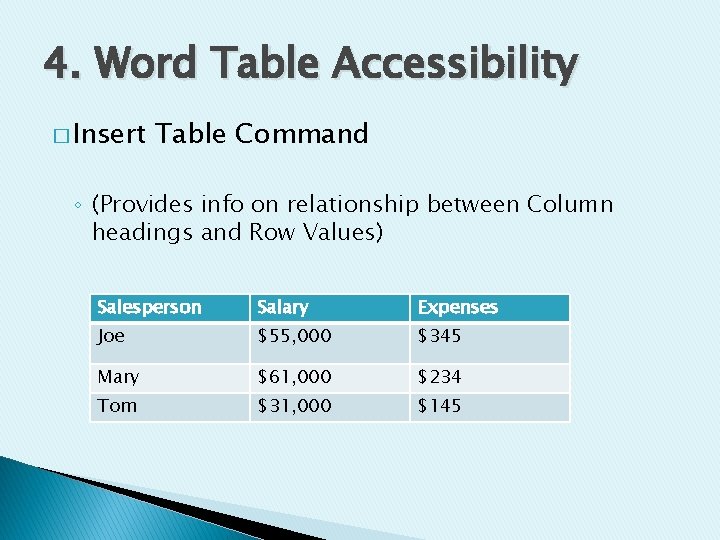 4. Word Table Accessibility � Insert Table Command ◦ (Provides info on relationship between