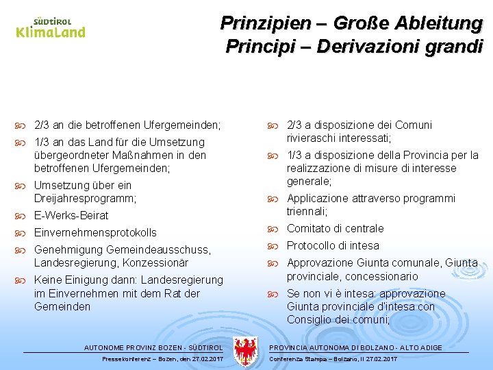 Prinzipien – Große Ableitung Principi – Derivazioni grandi 2/3 an die betroffenen Ufergemeinden; 1/3