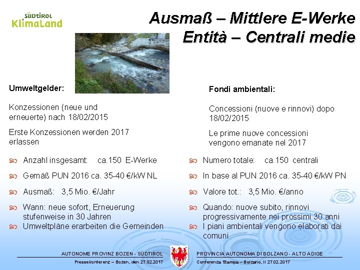 Ausmaß – Mittlere E-Werke Entità – Centrali medie Umweltgelder: Fondi ambientali: Konzessionen (neue und