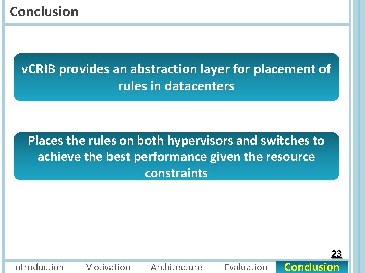 Conclusion v. CRIB provides an abstraction layer for placement of rules in datacenters Places