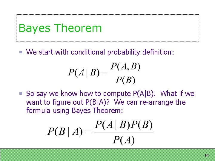 Bayes Theorem We start with conditional probability definition: So say we know how to Bayes Theorem We start with conditional probability definition: So say we know how to