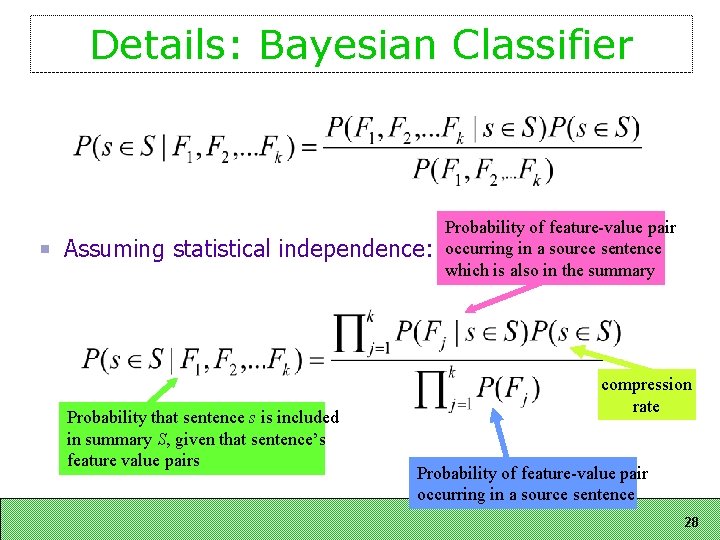 Details: Bayesian Classifier Assuming statistical independence: Probability that sentence s is included in summary Details: Bayesian Classifier Assuming statistical independence: Probability that sentence s is included in summary