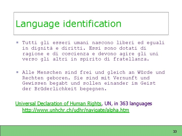 Language identification Tutti gli esseri umani nascono liberi ed eguali in dignità e diritti. Language identification Tutti gli esseri umani nascono liberi ed eguali in dignità e diritti.