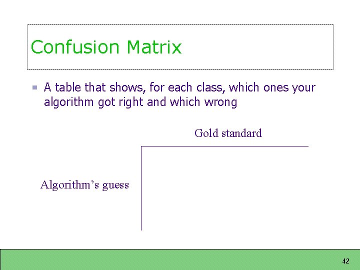 Confusion Matrix A table that shows, for each class, which ones your algorithm got Confusion Matrix A table that shows, for each class, which ones your algorithm got