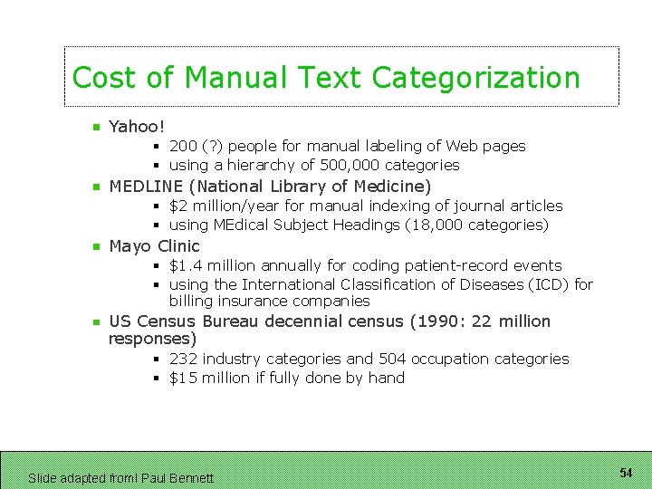 Cost of Manual Text Categorization Yahoo! § 200 (? ) people for manual labeling Cost of Manual Text Categorization Yahoo! § 200 (? ) people for manual labeling