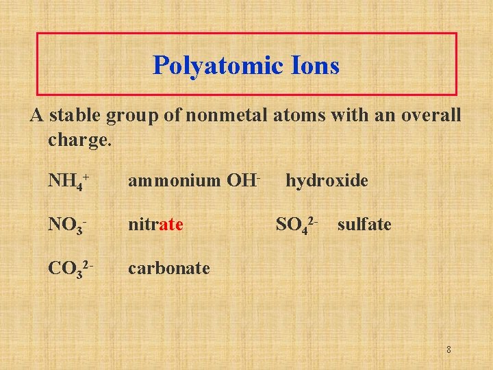 Polyatomic Ions A stable group of nonmetal atoms with an overall charge. NH 4+