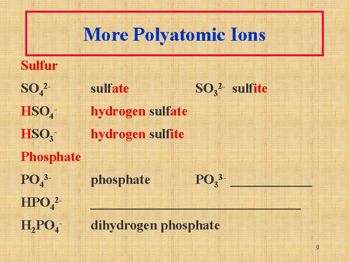 More Polyatomic Ions Sulfur SO 42 - sulfate HSO 4 - hydrogen sulfate HSO