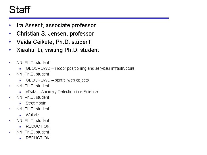 Staff • • Ira Assent, associate professor Christian S. Jensen, professor Vaida Ceikute, Ph.