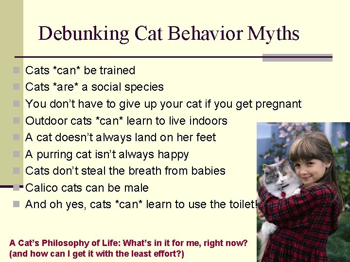 Debunking Cat Behavior Myths n Cats *can* be trained n Cats *are* a social