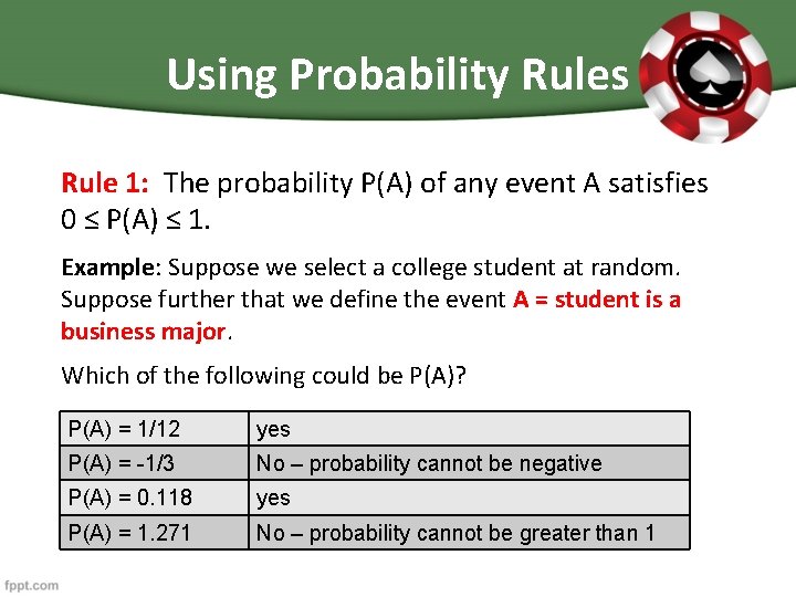 Using Probability Rules Rule 1: The probability P(A) of any event A satisfies 0