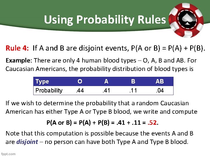 Using Probability Rules Rule 4: If A and B are disjoint events, P(A or