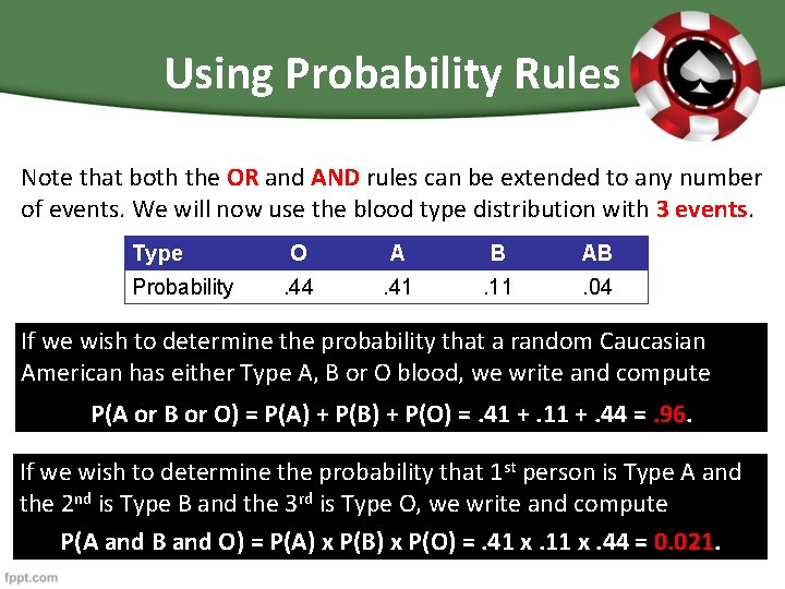 Using Probability Rules Note that both the OR and AND rules can be extended