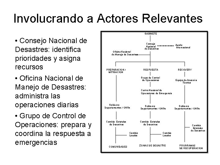 Involucrando a Actores Relevantes GABINETE • Consejo Nacional de Desastres: identifica prioridades y asigna